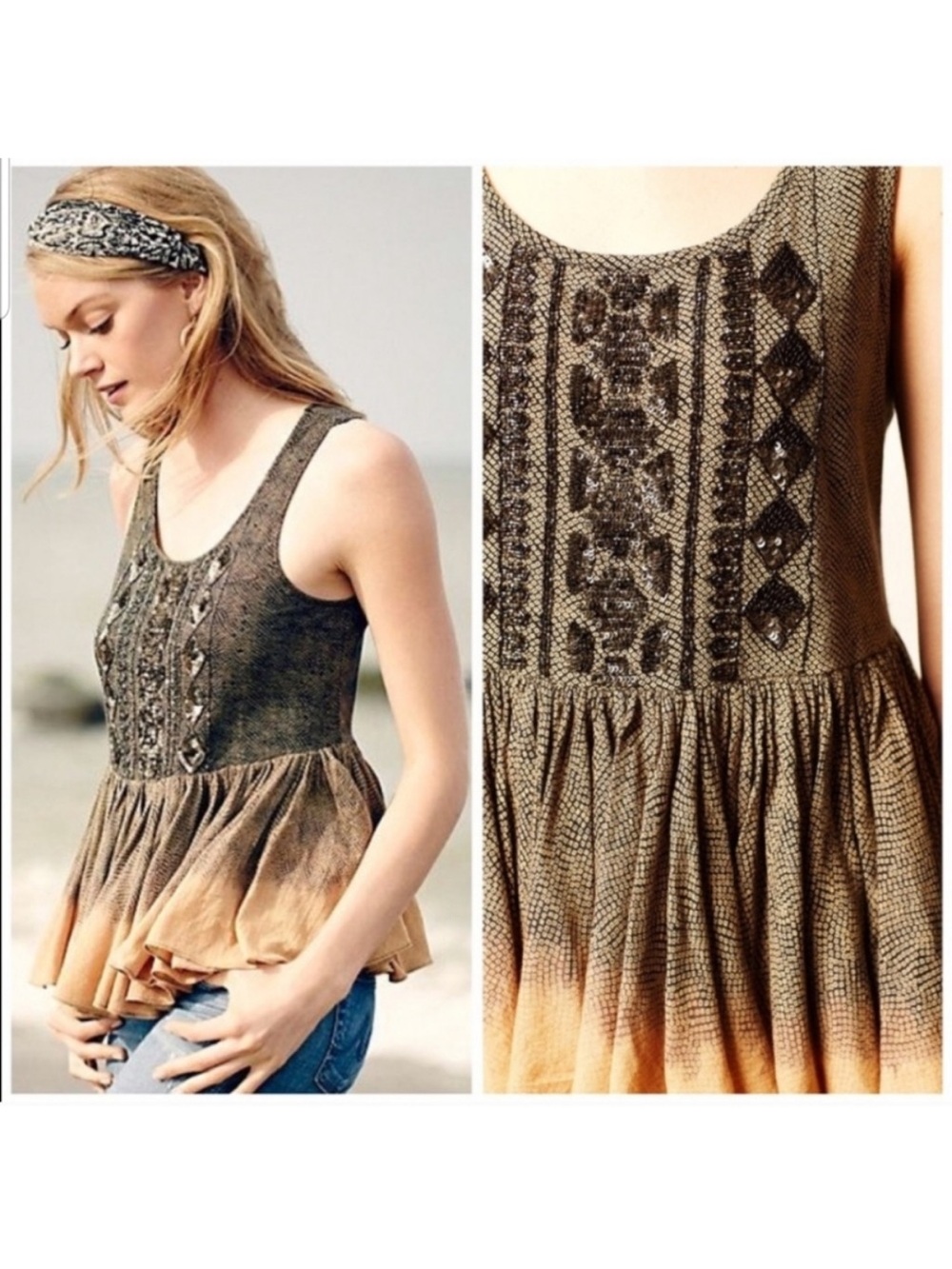 Anthropologie Akemi + Kin Anaphora Sequin Peplum Tank Top Small Boho Embellished - Picture 1 of 3